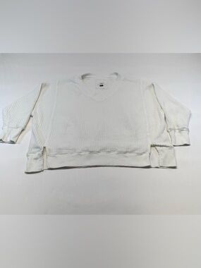 American Eagle AE Big Hug Oversized V-Neck Waffle Knit Sweatshirt - White